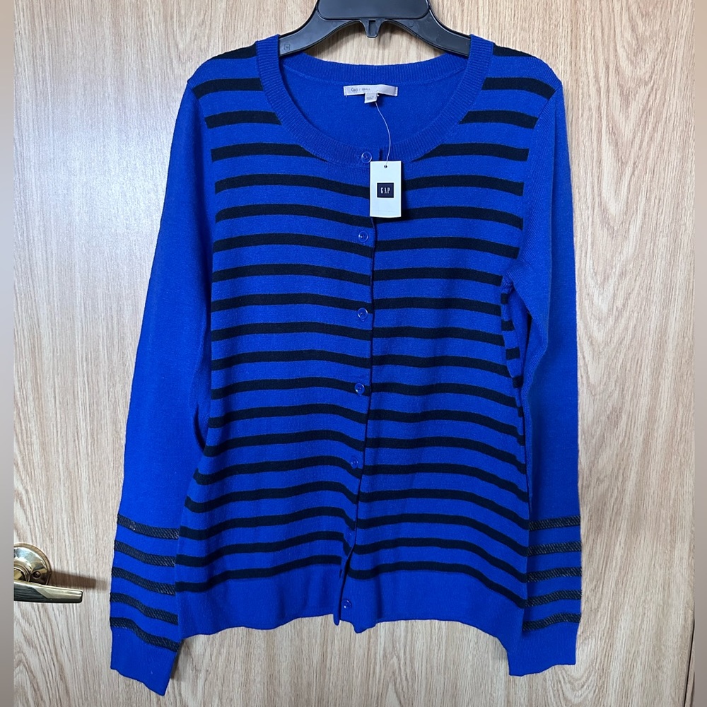New Gap Blue/Black Stripe Sequins Button Up Knot Cardigan Seeater Women’s S